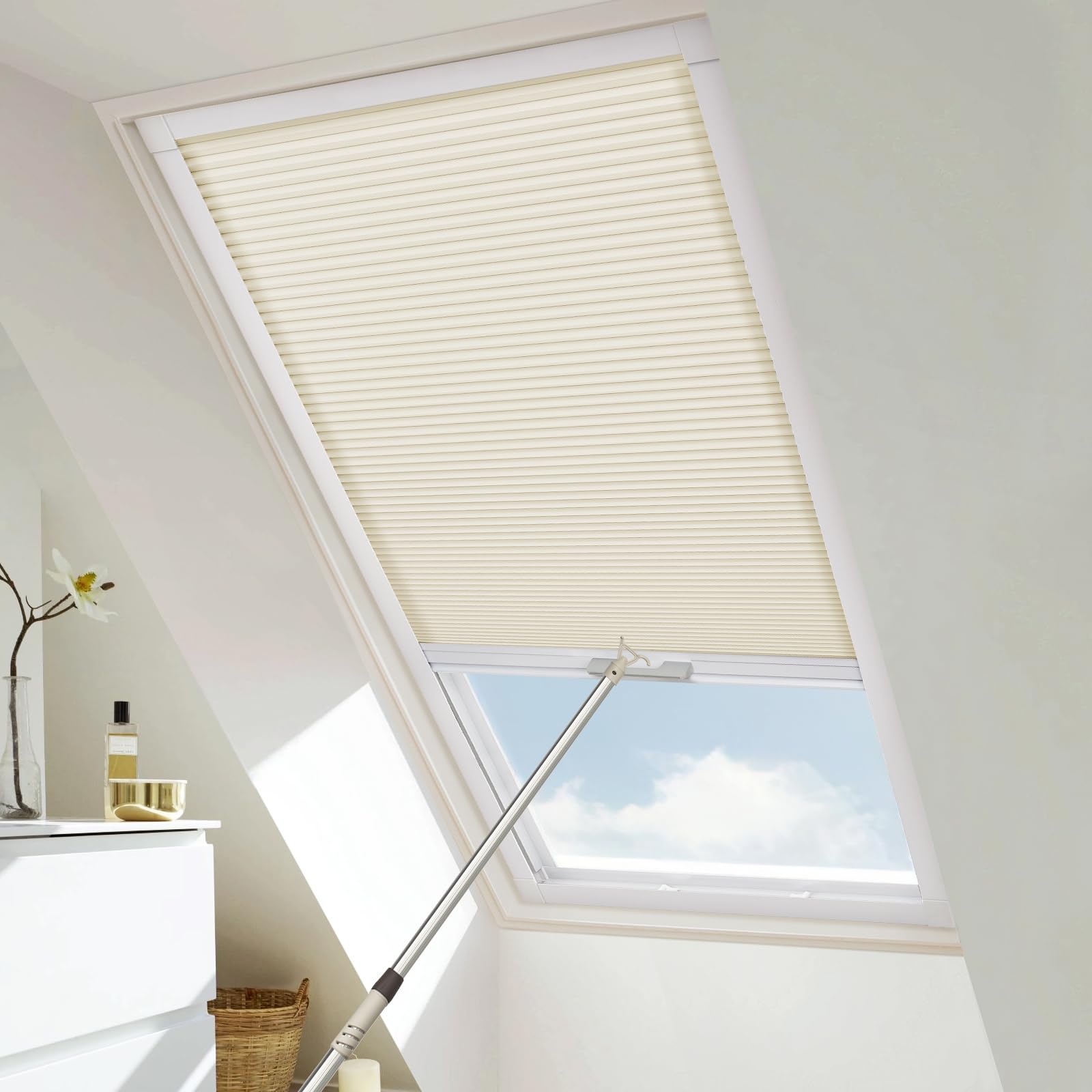 Moonice Cordless Skylight Blinds Light Filtering Honeycomb Roof Blinds Cellular Pleated Shades for Ceiling Easy to Install Custom Window Shades for Roof Inclined Plane Room (Cream, Custom Size)