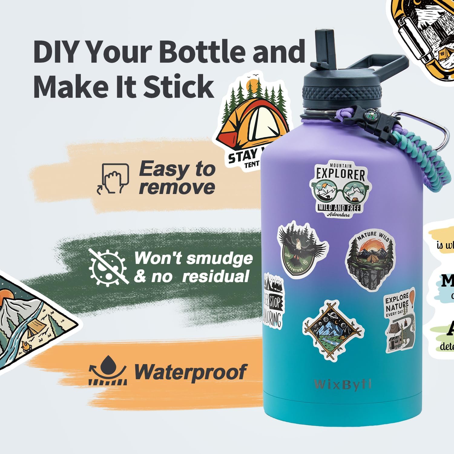 One Gallon Water Bottle Insulated, Triple Wall Vacuum Cold for 48 Hrs & Leak-proof & Non-BPA, 128oz Large Sports Stainless Steel Water Jug with Paracord Handle Straw Spout Lids & DIY Stickers - Image 5