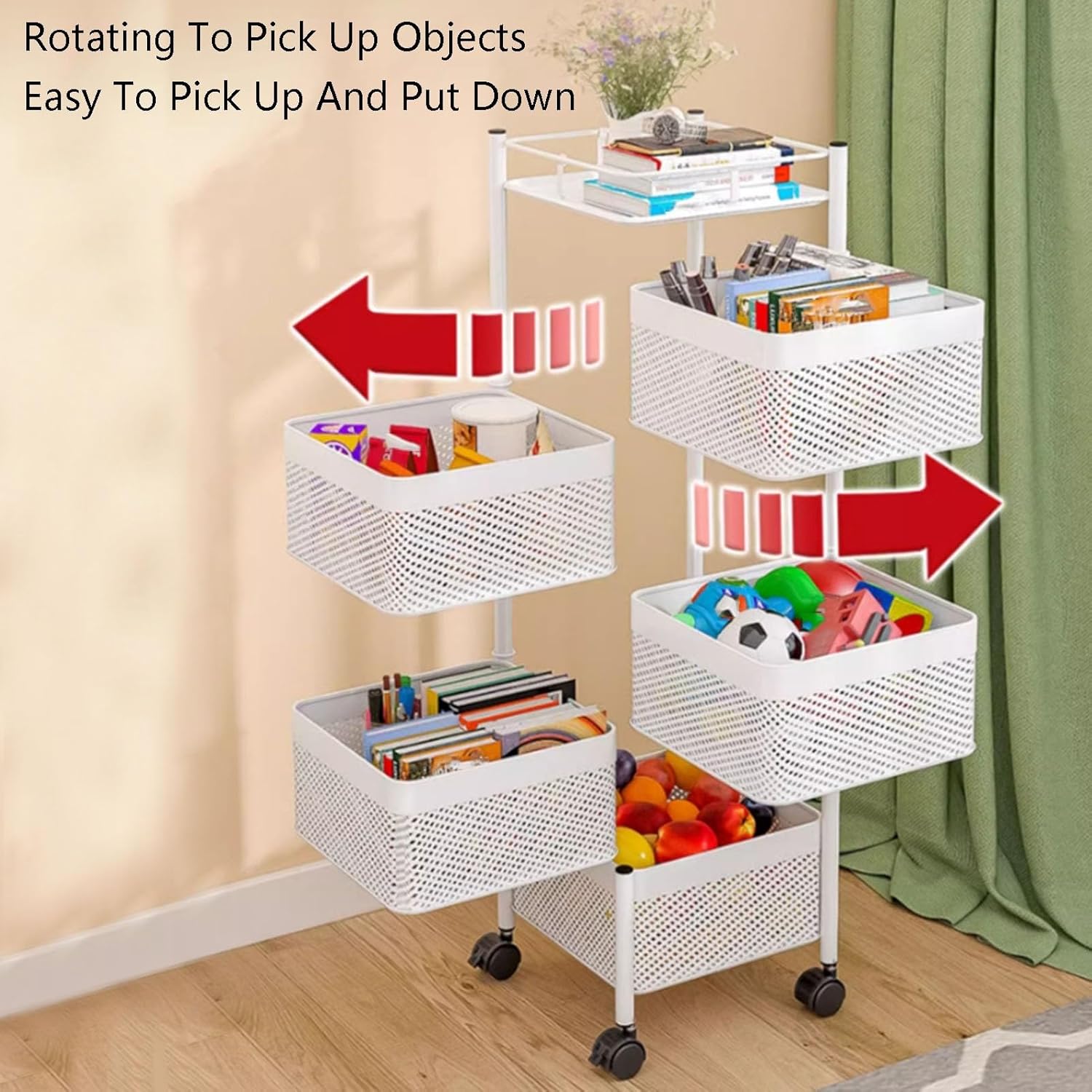 Rotating Fruit and Vegetable Shelf,Storage Rack Shelf Carts,Kitchen Storage Basket with 4 Wheels,for Fruit Vegetable Grocery Onion(Black,5 Tiers)