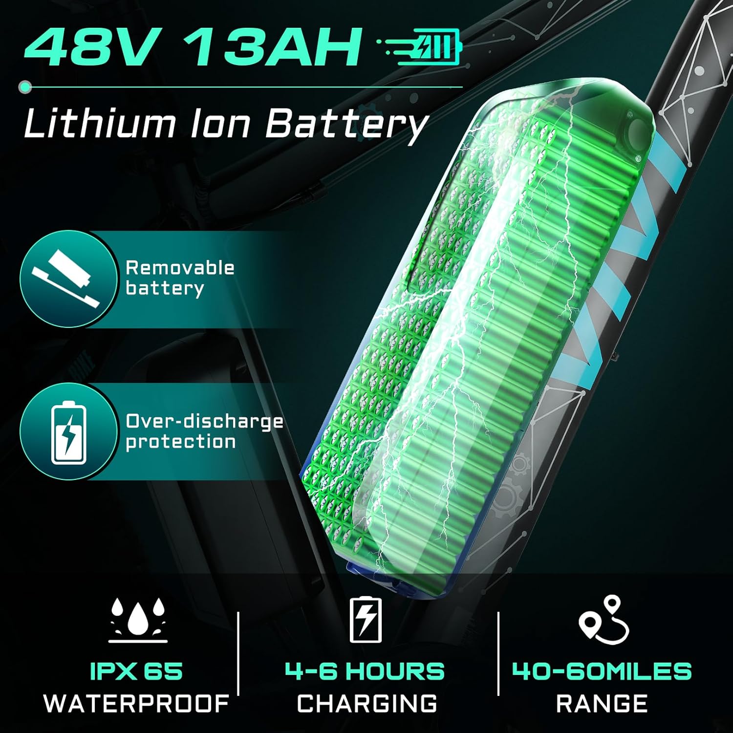 Diagram of Vivi F26FUL Electric Bike's 48V 13Ah Lithium-Ion battery with waterproof rating and range