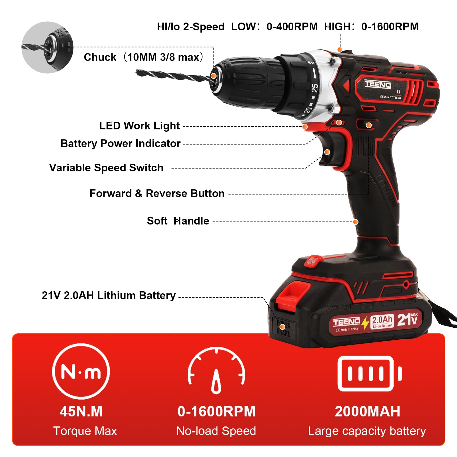 TEENO Perceuse Visseuse Sans Fil 21V,45 Nm Visseuse Devisseuse Sans Fil avec 2 Batteries 2.0Ah,25+1 Réglages de Couple,2 Vitesses,LED,46 Accessoires et Valise,Pour la menuiserie