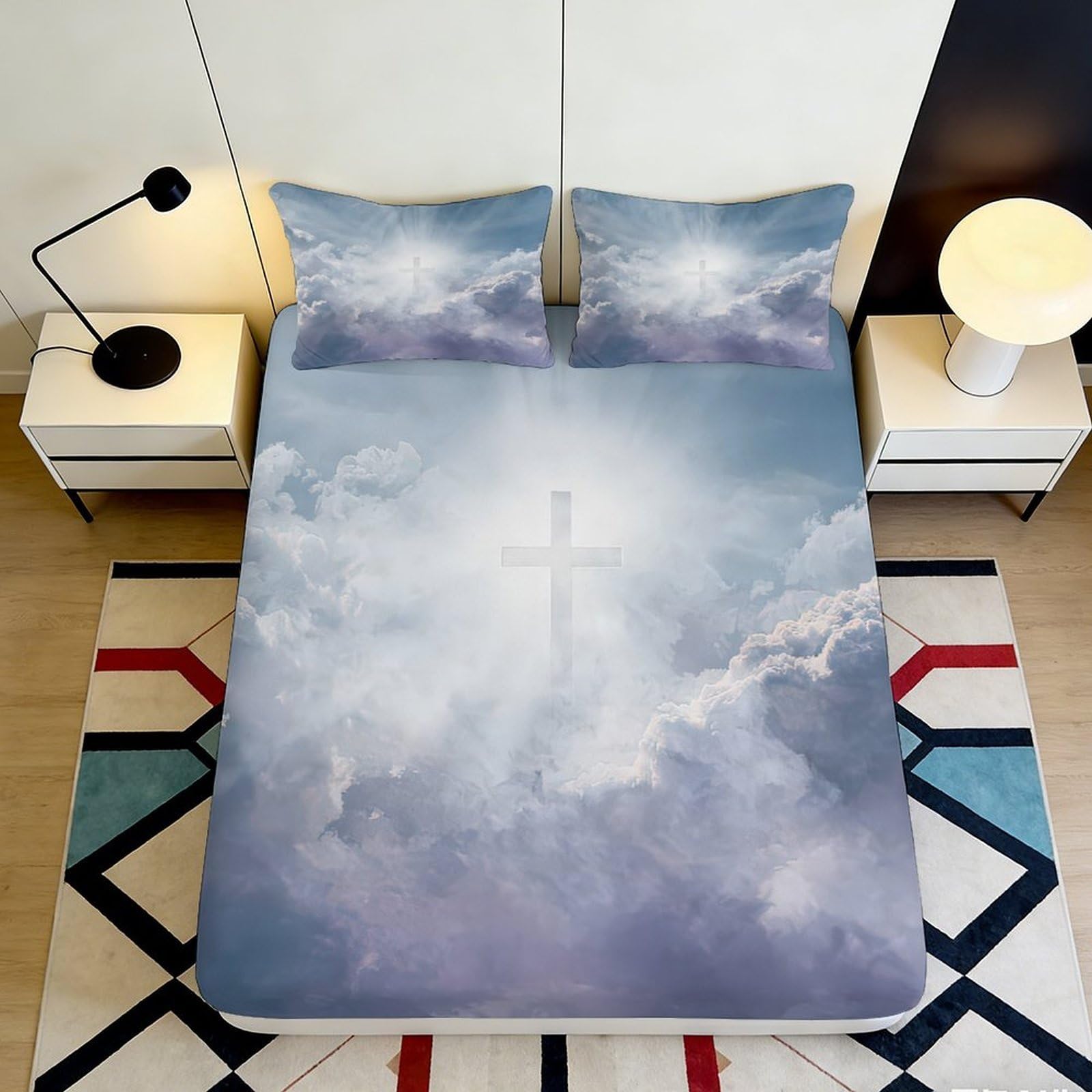 Pnayamiorkfel Style-8 3D Printed Cloud Cross Fitted Sheet Microfiber Soft Mattress Cover For Bedroom Guest Room Dustproof Decor 90X200x25cm