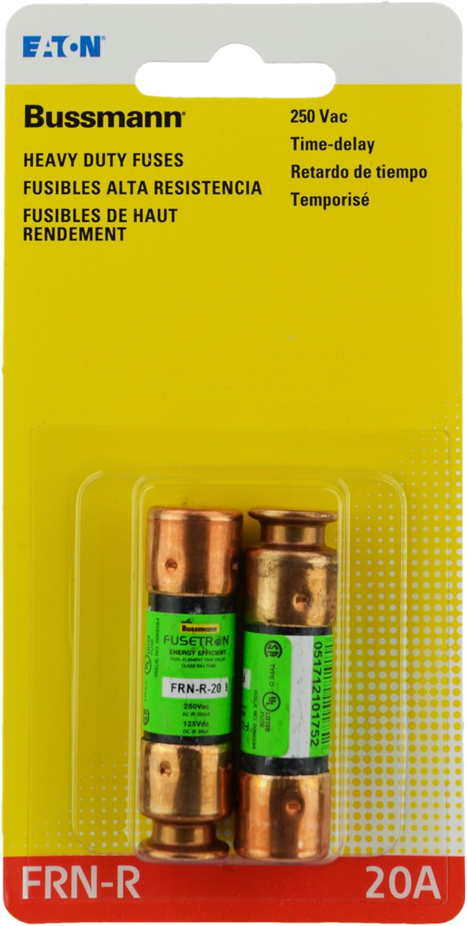 Bussmann BP/FRN-R-20 20 Amp Fusetron Dual Element Time-Delay Current Limiting Class RK5 Fuse, 250V UL Listed (Pack of 2)