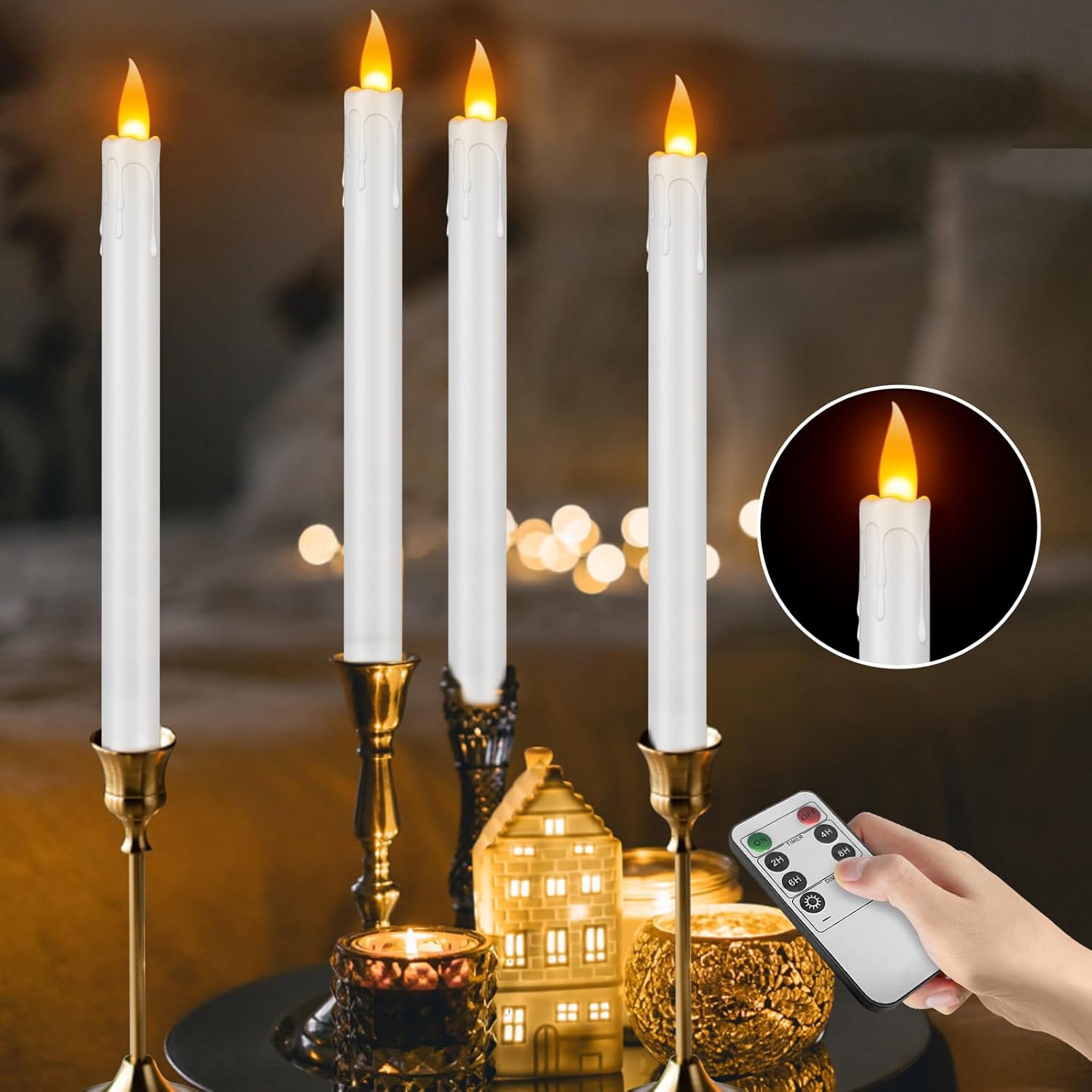 wemarry 12 Pcs Flickering Flameless Taper Candles, 10" Fake Taper Candles Battery Operated with Timer, Long Lasting-White Electric Led Candlesticks for Xmas Halloween Wedding Home Décor