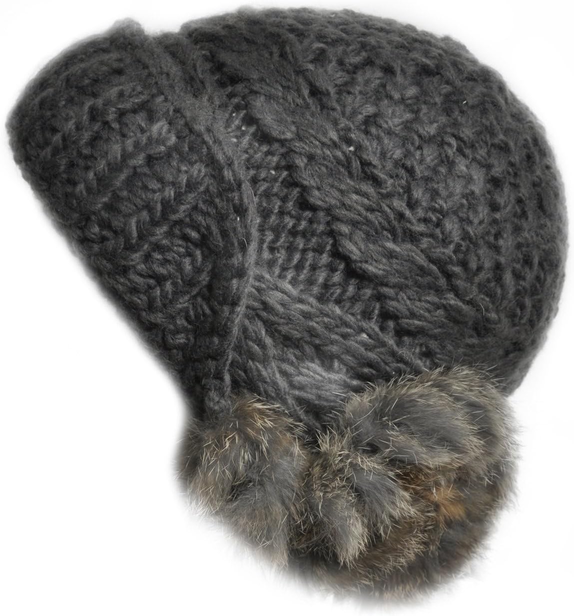 GP Accessories Girl's Rabbit Fur Ear Muffs Hand Knit Beanie Hat Small Gray