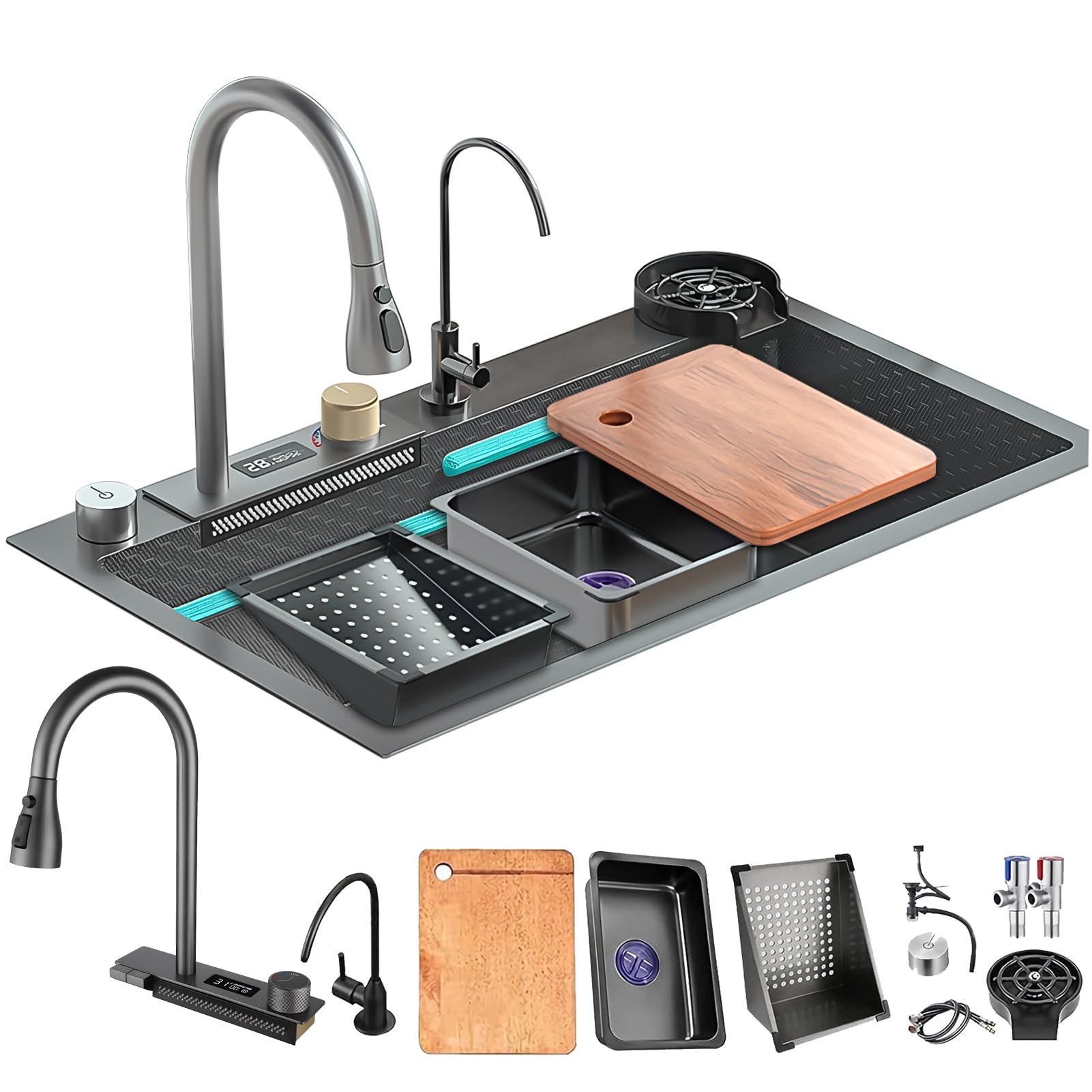ZQFHSX Kitchen Black Waterfall Sink, Stainless Steel Left Faucet, Multifunctional Single Bowl Sink– 50cm Large Workstation Sink With Pull-Out Siphon, Overflow And Drain S