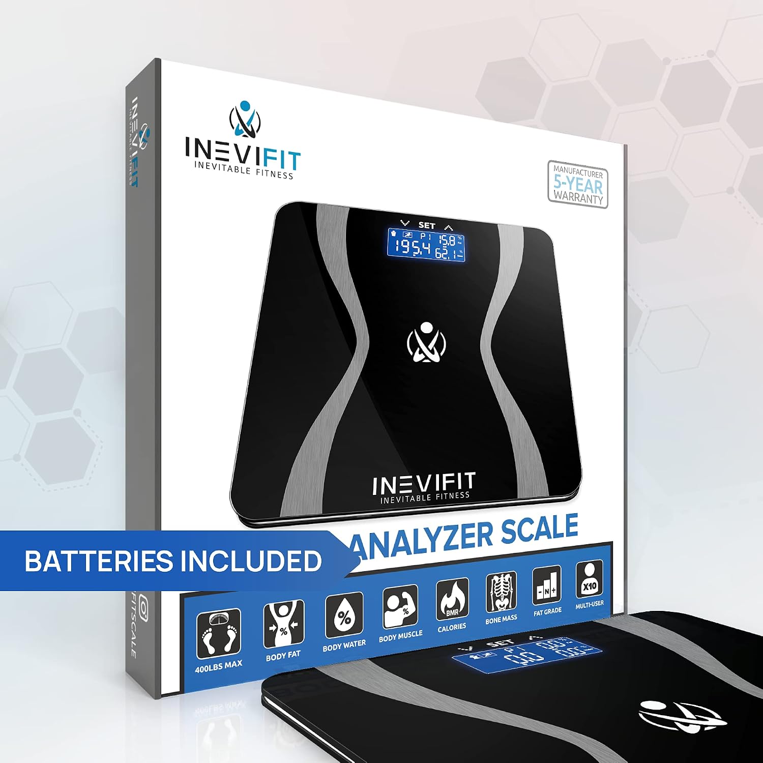 INEVIFIT Body-Analyzer Scale, Highly Accurate Digital Bathroom Body Composition Analyzer, Measures Weight, Body Fat, Water, Muscle & Bone Mass for 10 Users. Includes Batteries