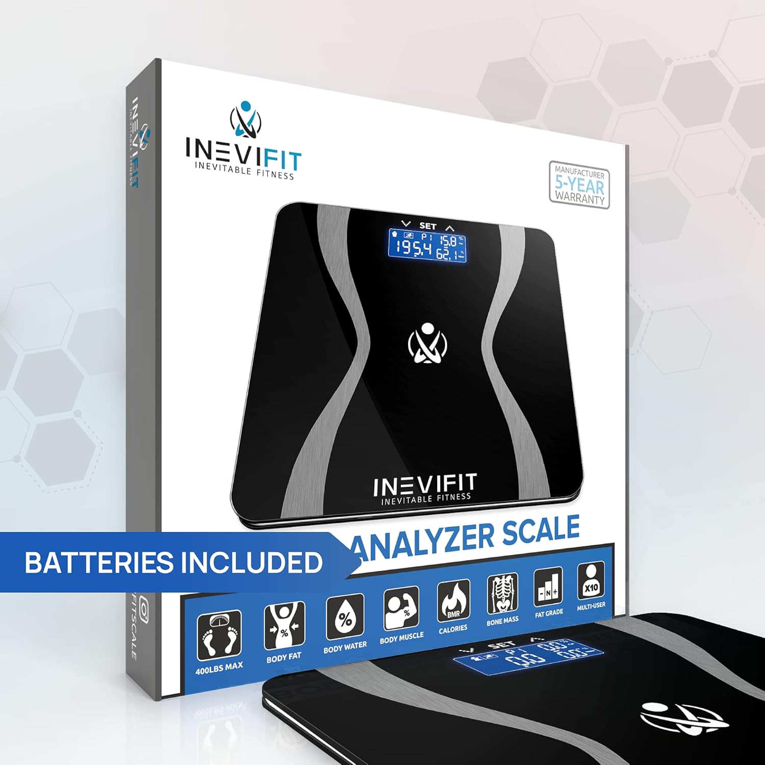 INEVIFIT Body-Analyzer Scale, Highly Accurate Digital Bathroom Body Composition Analyzer, Measures Weight, Body Fat, Water, Muscle & Bone Mass for 10 Users. Includes Batteries : Health & Household