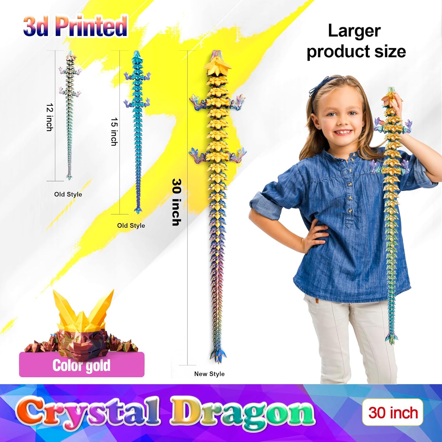 30 inch Large 3D Printed Dragon,3D Dragons Figurine Toy,Big 3-D Printed Dragon,Surprised Gift for Kids 5-7,Desk and Home Decor(Magic Gold)