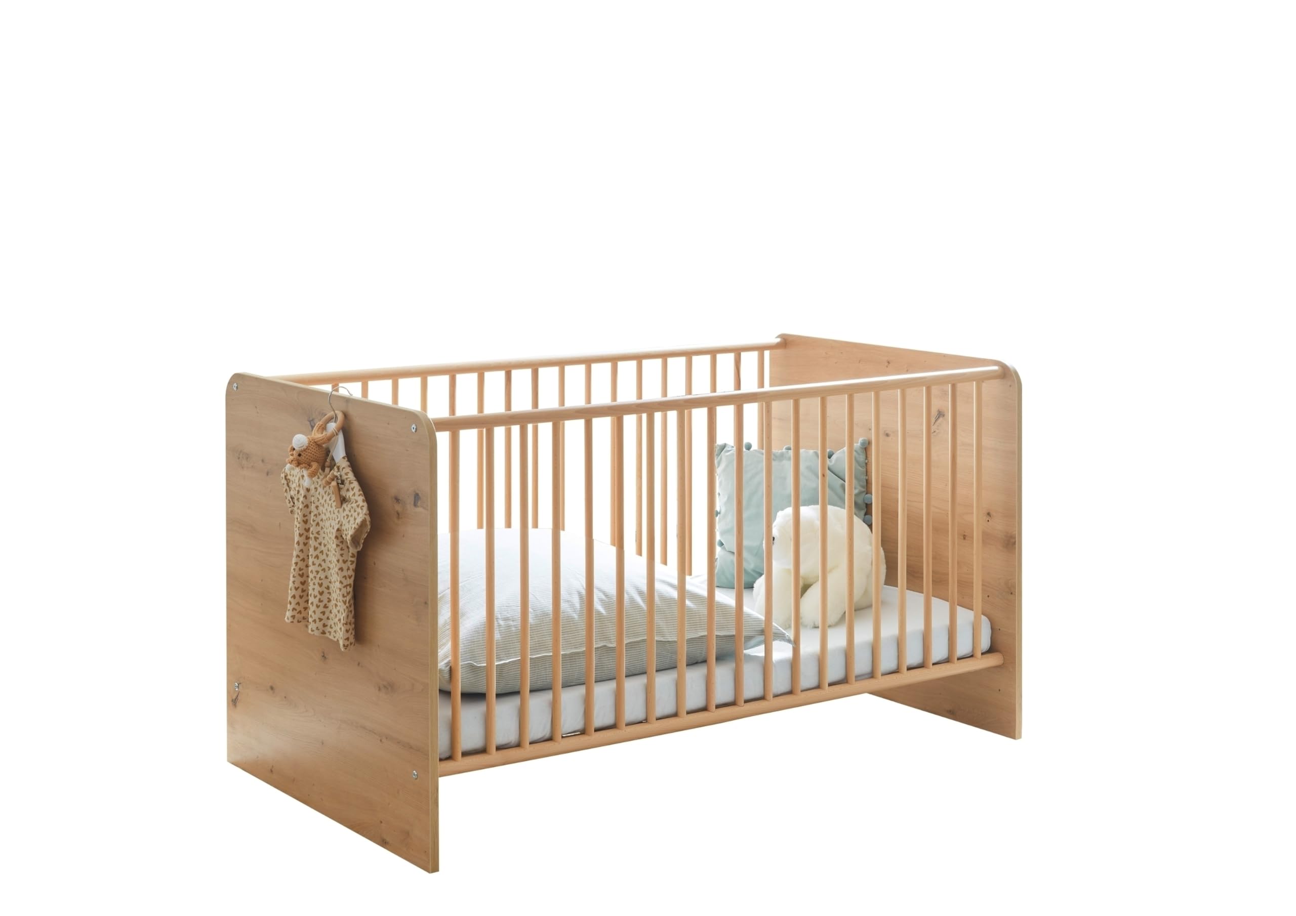 Babybett >Birta< Artisan Eiche Dekor / Salbei, Liegefläche 140x70 cm, 3 Schlupfsprossen, Liegehöhe verstellbar – 78x90x143 cm (B/H/T), robust & pflegeleicht, Dekorfolie, zerlegt, ohne Matratze