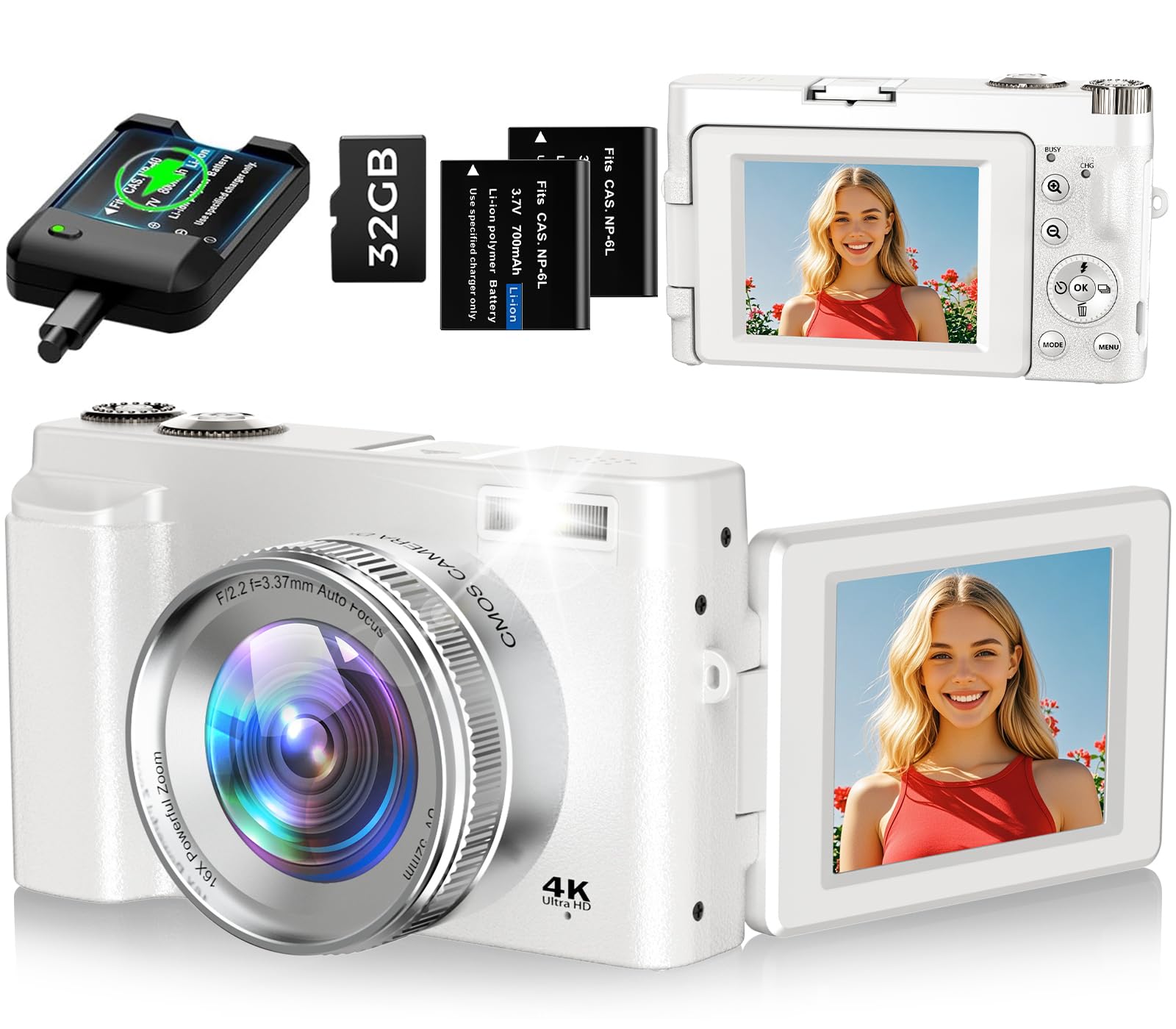Cámara digital 4K de 48 MP, autofocus, compacta con tarjeta de 32 GB, pantalla abatible de 3 pulgadas y 180°, zoom digital de 16 x con 2 pilas para principiantes (blanco) | Autofocus, 3 pulgadas, 180°, cámara compacta con zoom digital 16X, cámara compacta