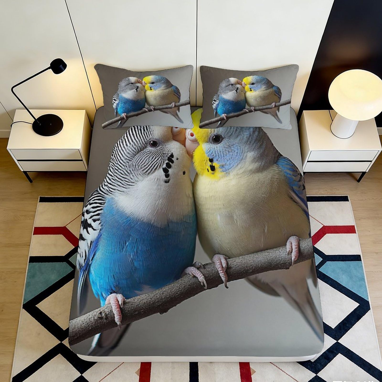 3D Printed Love Birds Fitted Sheet Microfiber Soft Decor Parakeet Bed Cover for Bedroom Guest Room Easy Care 90x200x25cm