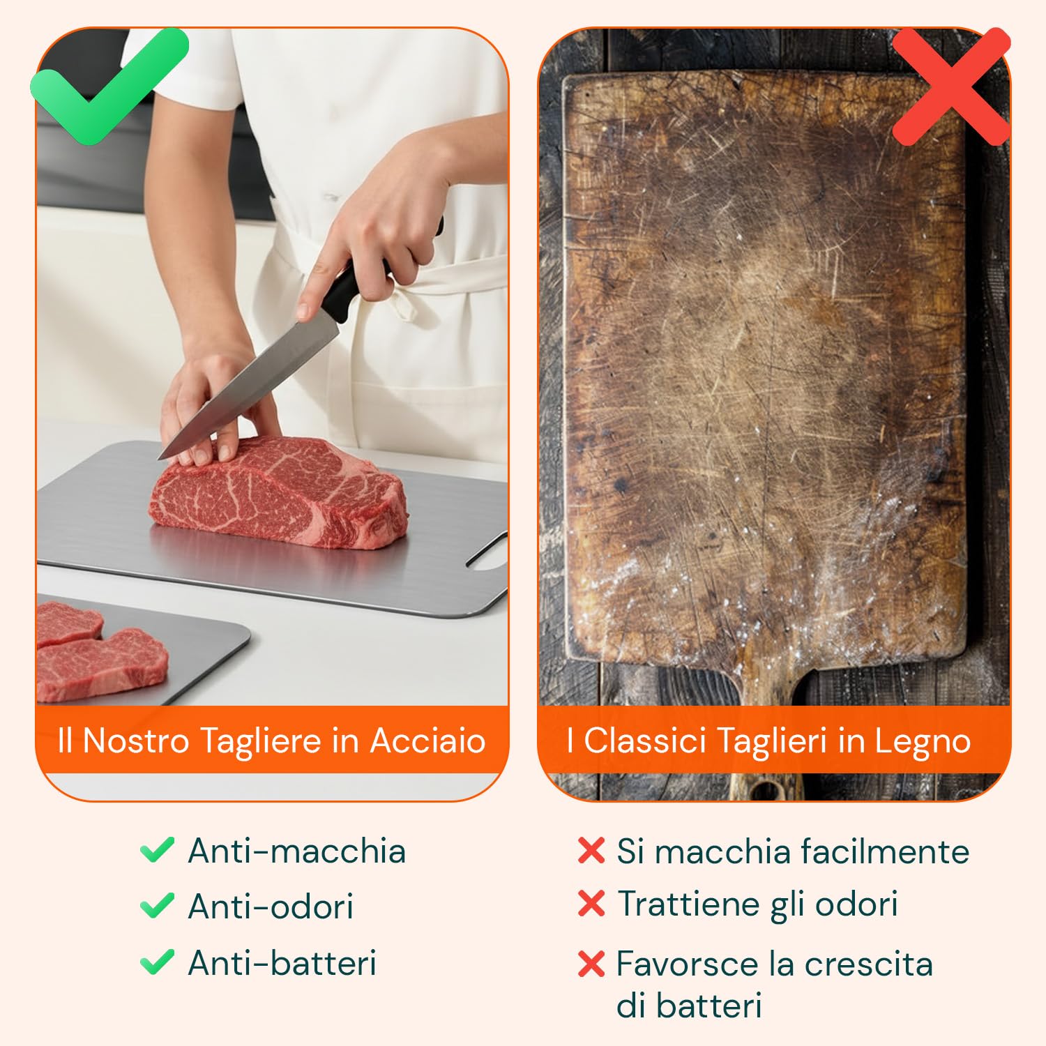Avilia - Tagliere Acciaio Inox Bifacciale con Manico Forato Set 3 Diverse Dimensioni per Carne Pesce Verdure e Pane Uso Quotidiano Superficie Igienica Antiruggine Salvaspazio