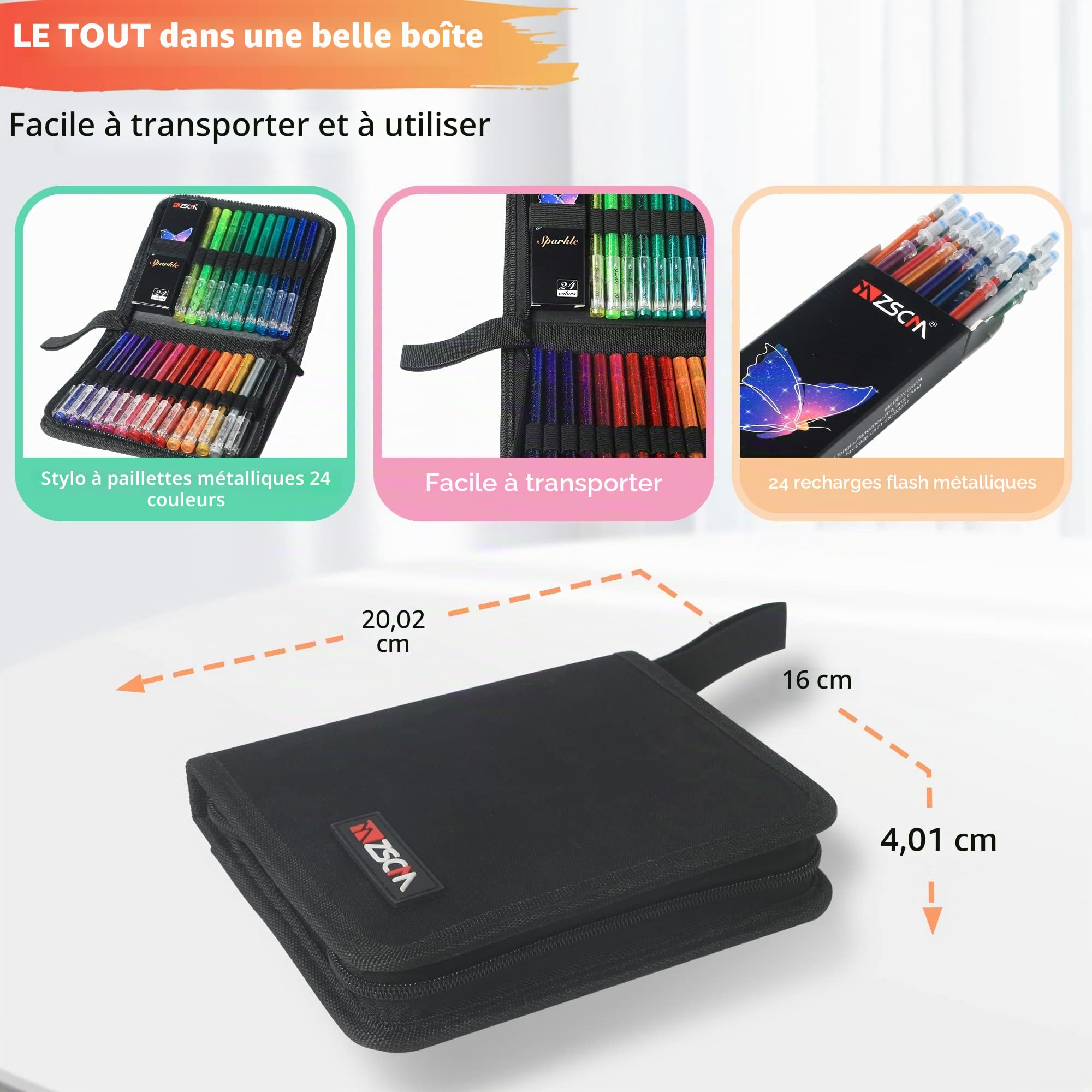ZSCM Lot de 48 stylos à gel métalliques pailletés, 24 couleurs avec 24 recharges pour stylo pailleté dans un sac en toile pour coloriage, dessin, scrapbooking, journalisation pour adultes