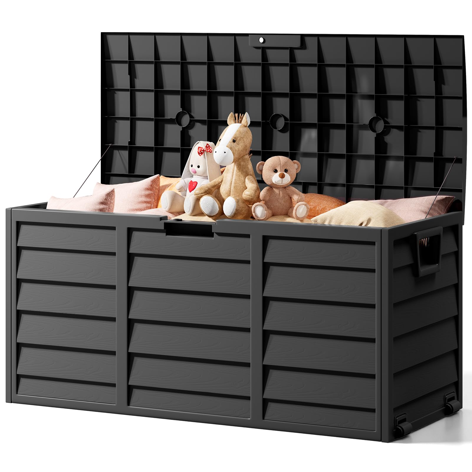 The Fellie Garden Storage Box with Wheels, 290L Lockable Garden Storage Boxes Waterproof, Plastic Outside Storage Box for Gardening Tools, Cushions, Toys, 112x49x54cm, Black