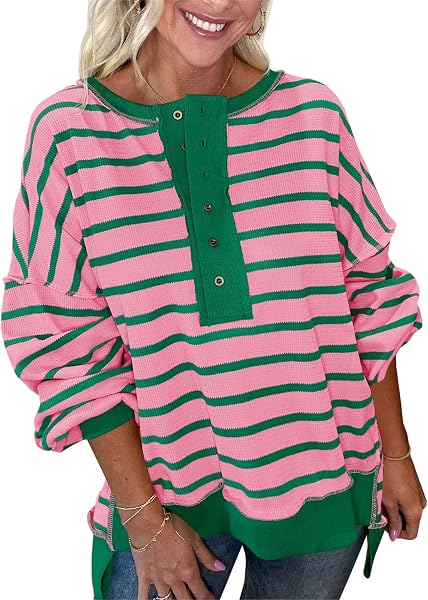 Sudaderas de gran tamaño para mujer, a rayas, estilo Henley, con bloques de color, informal, de punto gofre - 1