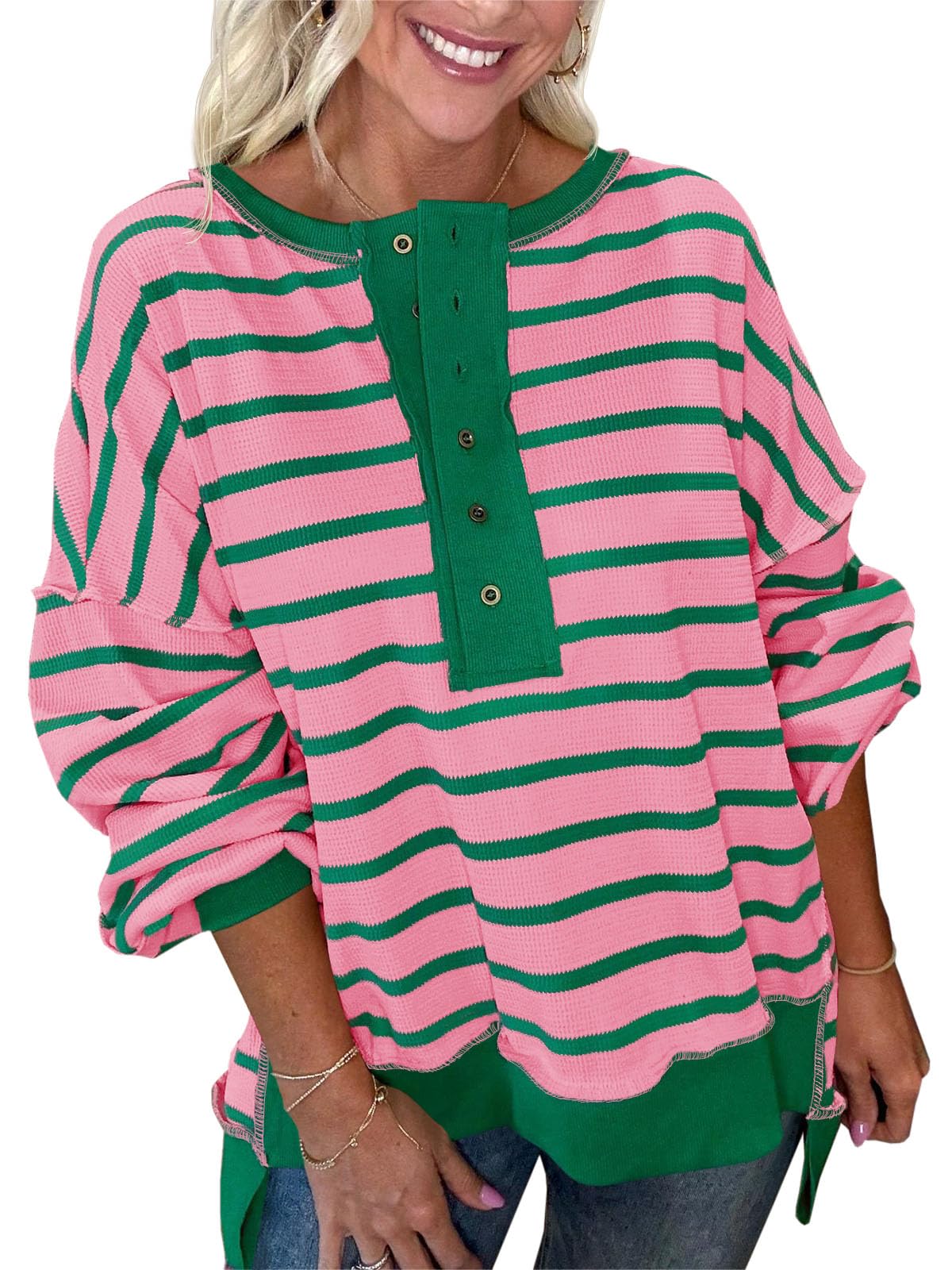 Sudaderas de gran tamaño para mujer, a rayas, estilo Henley, con bloques de color, informal, de punto gofre
