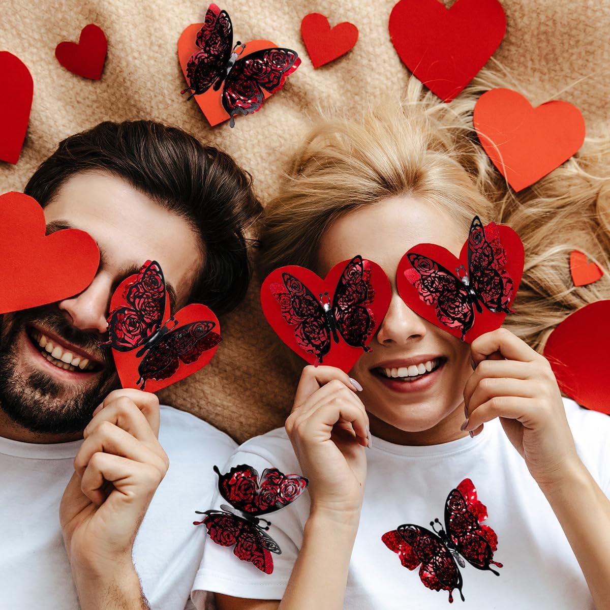 6Pcs Valentine's Wall Decor 3D Butterfly Heart Wall Stickers Removable Rose Butterfly Wall Decals Romantic Design Valentines for Windows Refrigerator Bedroom Bathroom Home Wedding Party Decor