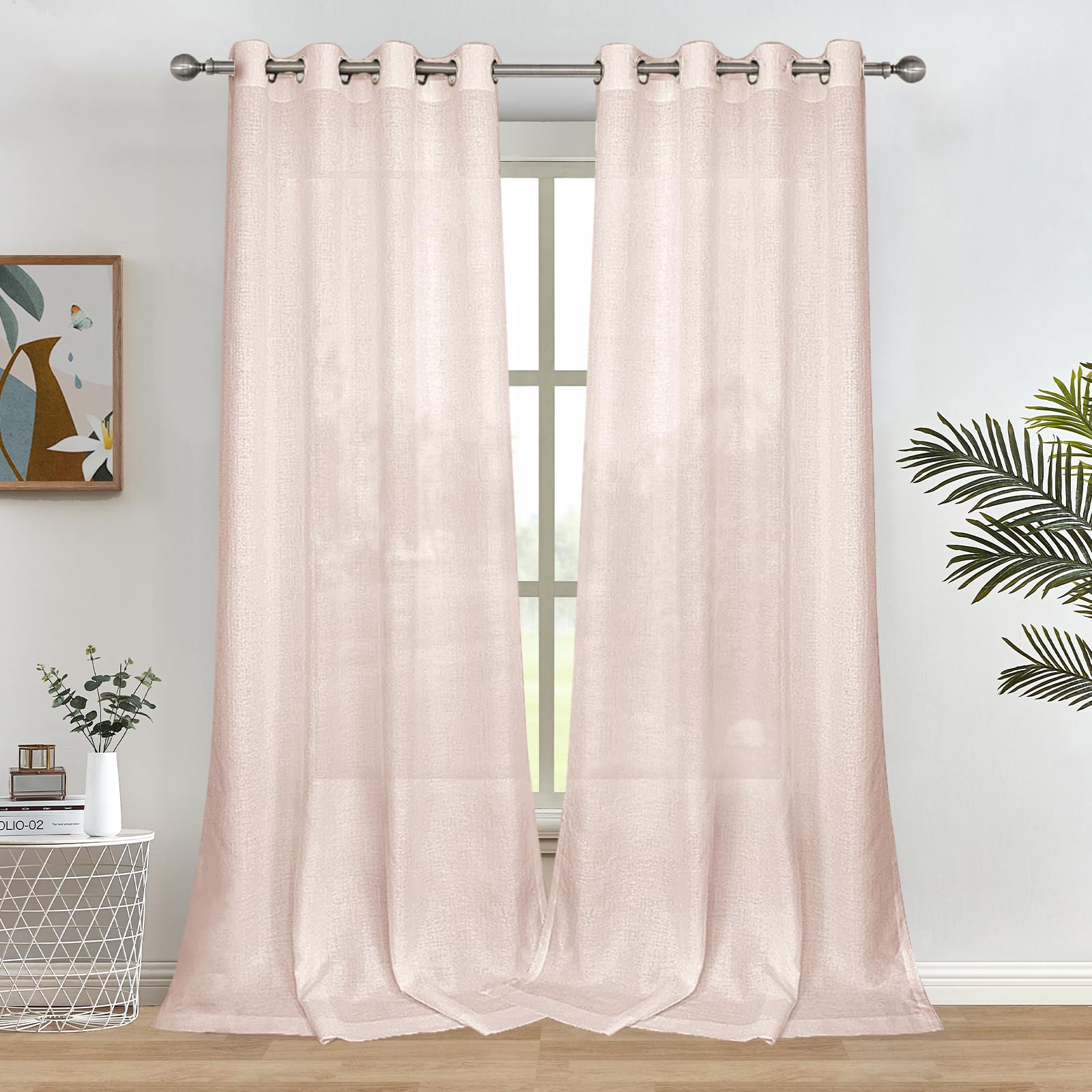 Melodieux Light Pink Semi Sheer Curtains 96 Inches Long for Living Room, Bedroom Faux Linen Light Filtering Grommet Privacy Sheer Drapes, 52 by 96