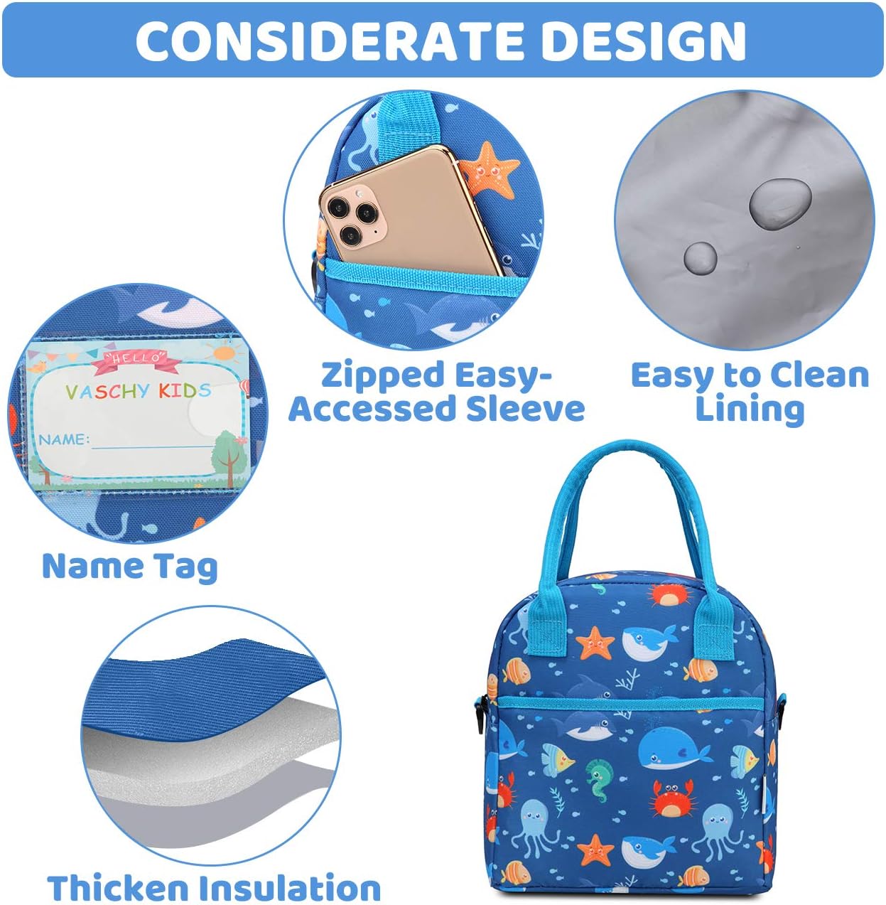 VASCHY Lunch Box Bag for Kids, Insulated Lightweight Lunch Tote for Children Boys and Girls School Daycare Kindergarten Ocean