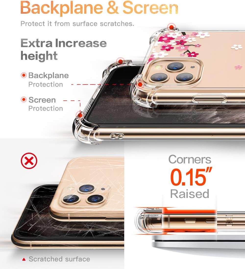 GVIEWIN Compatible with iPhone 11 Pro Case,Clear Flower Design Soft & Flexible TPU Ultra-Thin Shockproof Transparent Bumper Protective Cover, Case for iPhone 11 Pro 5.8 Inch 2019 (Peach Blossom/Pink)