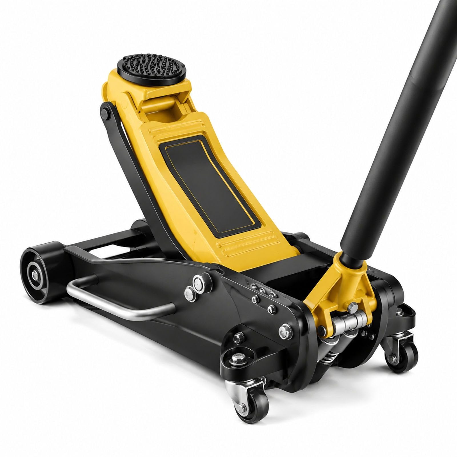 Hydrauliczny podnośnik podłogowy z kołami 360°, udźwig 2,5 t, dwutłokowa pompa szybkiego podnoszenia, żółty czarny, do kompaktowych SUV-ów