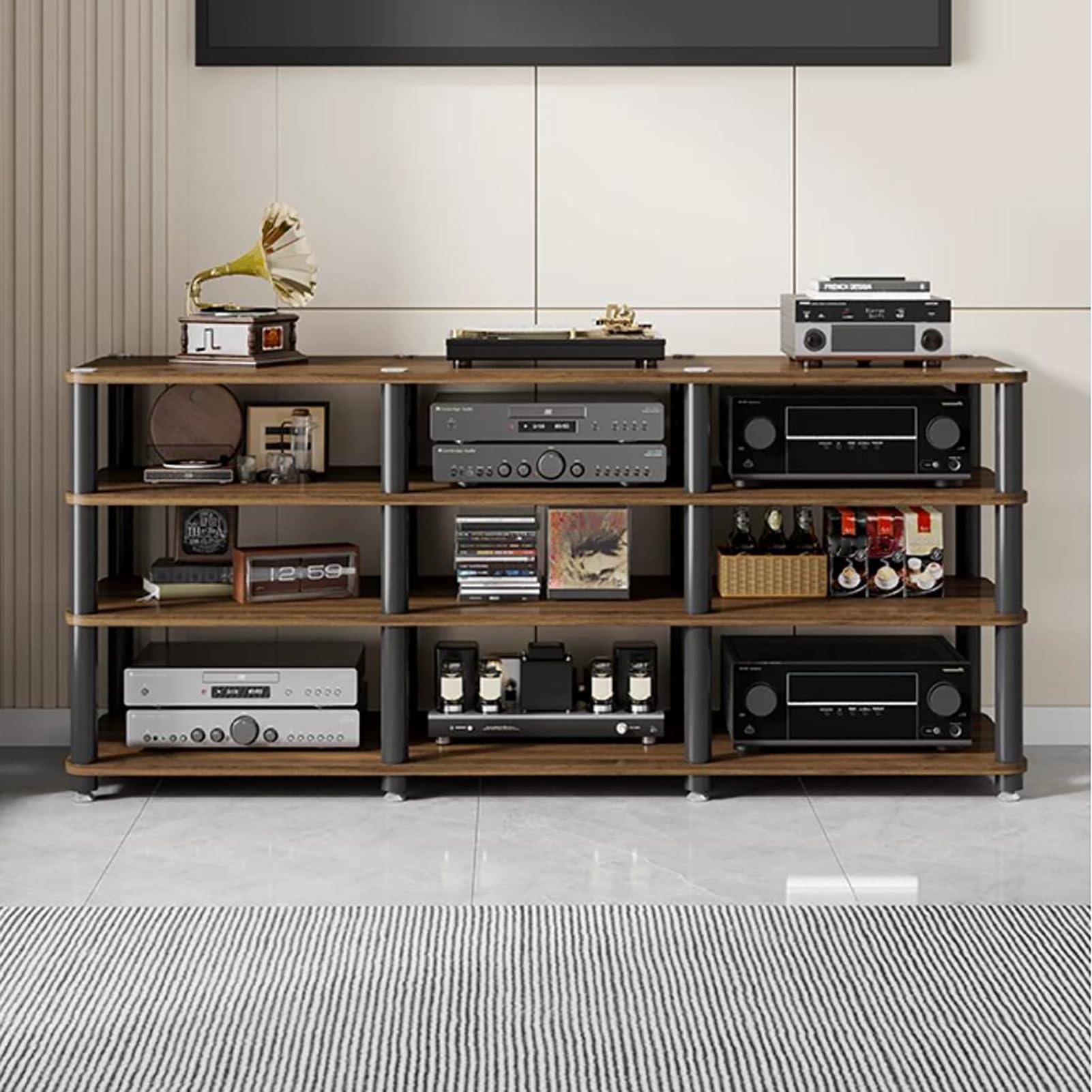 Soporte multimedia AV, torre de rack de audio de 2 niveles para cine en casa, gabinete de componentes estéreo, acabado natural, diseño compacto para almacenamiento y organización de medios