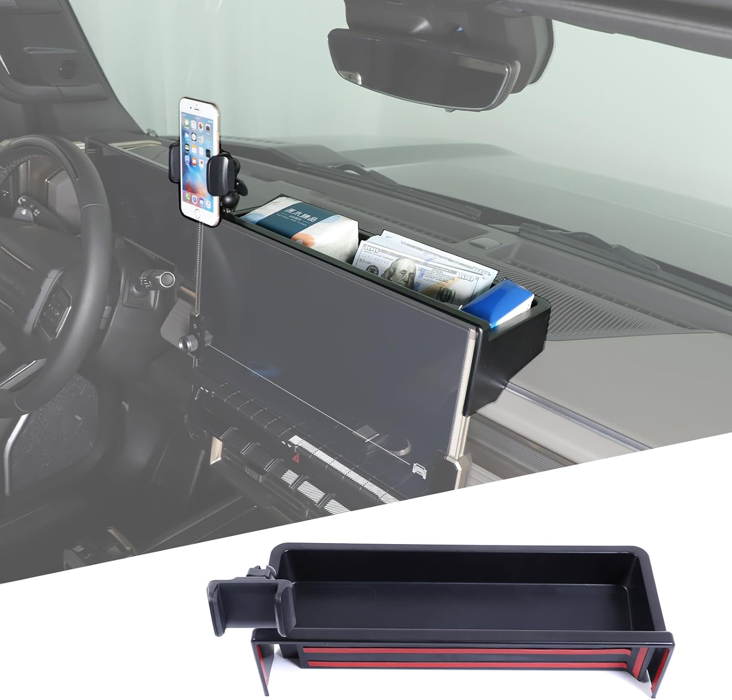 Dashboard Phone Holder With Storage Box Compatible with Hummer EV SUV Truck Pickup 2022-2024 2025 2026 Phone Mount Dash Storage Tray Insert Behind Screen Organizer Storage Accessories (Type-A)