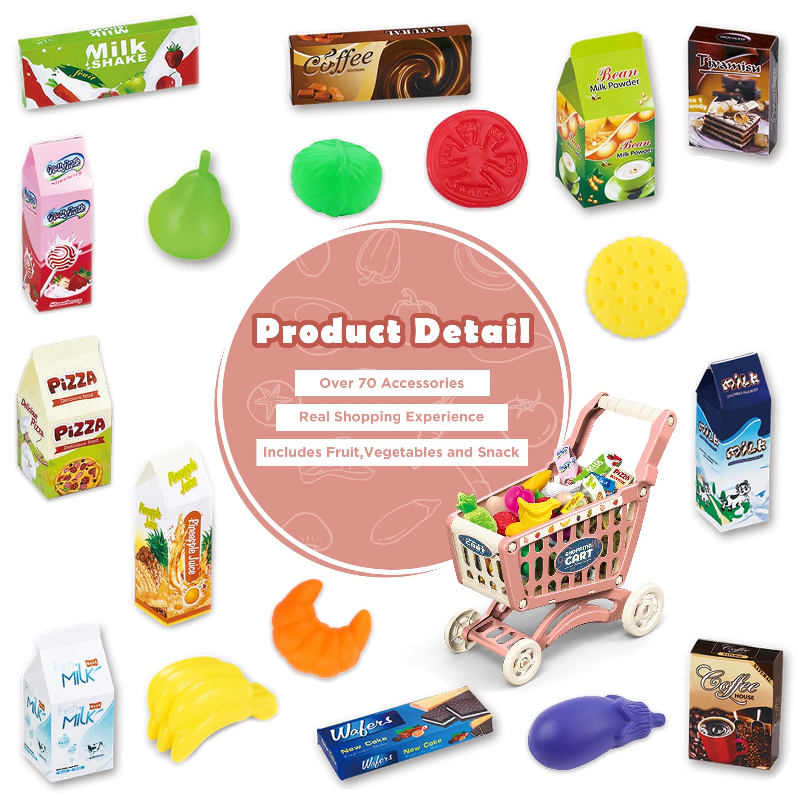 deAO Einkaufswagen für Kinder, Supermarkt Einkaufswagen Spielzeug (Rot) | Mit 48 Lebensmittel Obst Gemüse, Lebensmittel Rolle Spielen Pädagogisches Spielzeug, Kaufmannsladen Spiele für Jungen Mädchen