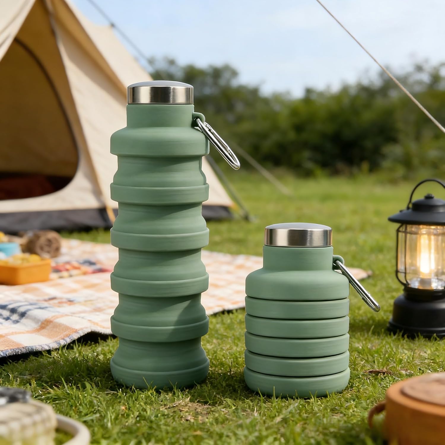 1PC Portable foldable silicone water bottle (green) | Foldable silicone water bottle with carabiner clip – lightweight, reusable, and perfect for camping, hiking, biking,