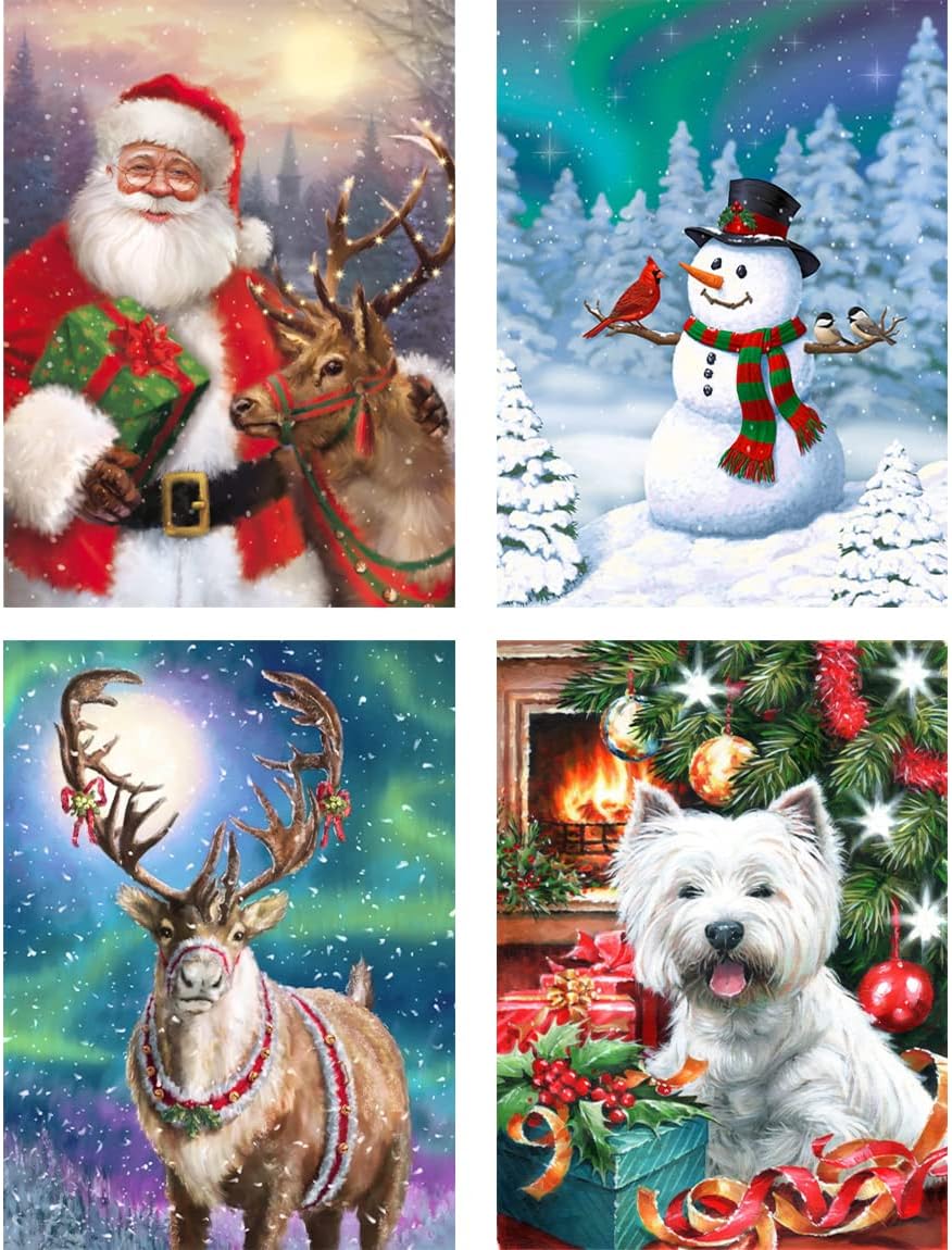 Ginfonr 4 Pack 5D Mosaic Diamond Painting Kits Christmas Santa Snowaman Reindeer Dog Full Drill, Paint with Diamonds Art Aurora Cross Stitch Embroidery Rhinestone Craft for Home Wall Decor 12x16 inch