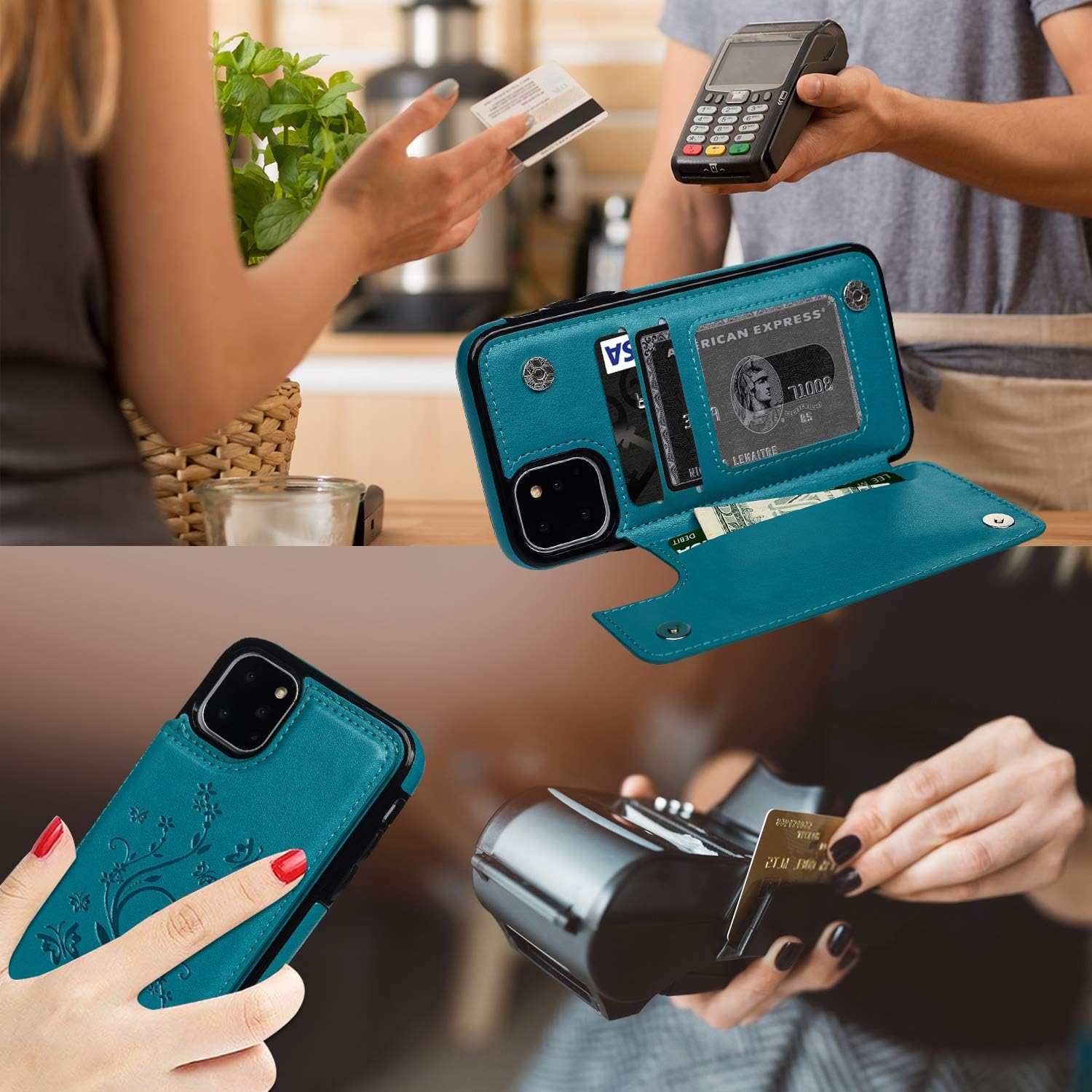 Compatible with iPhone 11 Pro Wallet Case, Case with Card Holder Embossed Butterfly Premium PU Leather Double Magnetic Buttons Flip Shockproof Protective Cover for iPhone 11 Pro 5.8 inch, Blue