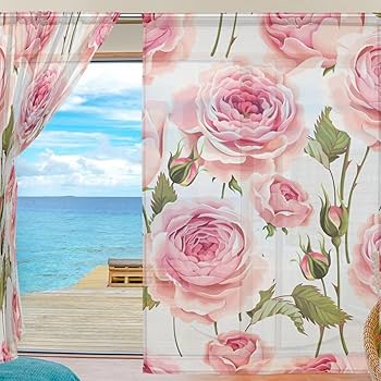 Amazon｜レースカーテン ピンクのバラ 美しい 薔薇 カーテン