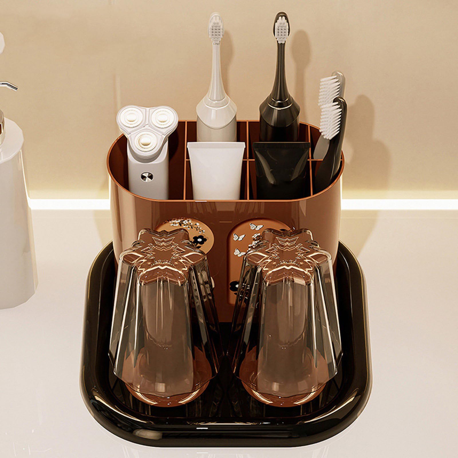 MidCentury - Organizador de cepillos de dientes con diseño antideslizante y taza de enjuague bucal para uso diario, accesorio de organización de baño, soporte para cepillo de dientes