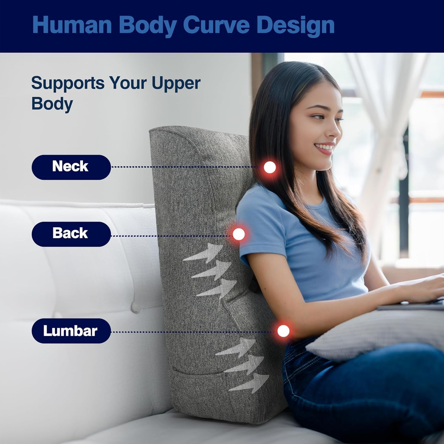 Daneey Reading Pillows for Sitting in Bed Adult, Back Support Pillow for Bed Removable Breathable Cover, Gray