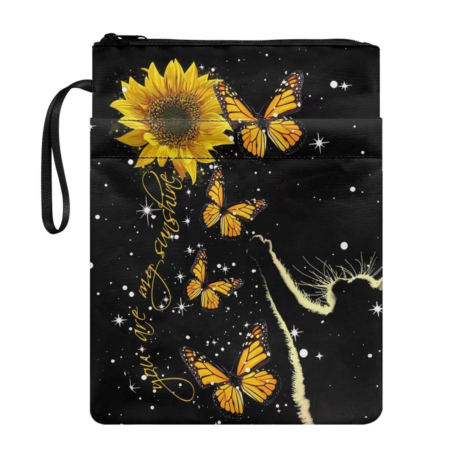 COEQINE Sunflower Book Sleeves with Zipper Pocket, Butterfly and Cute Cat Print Book Pouch with Strap for Hand