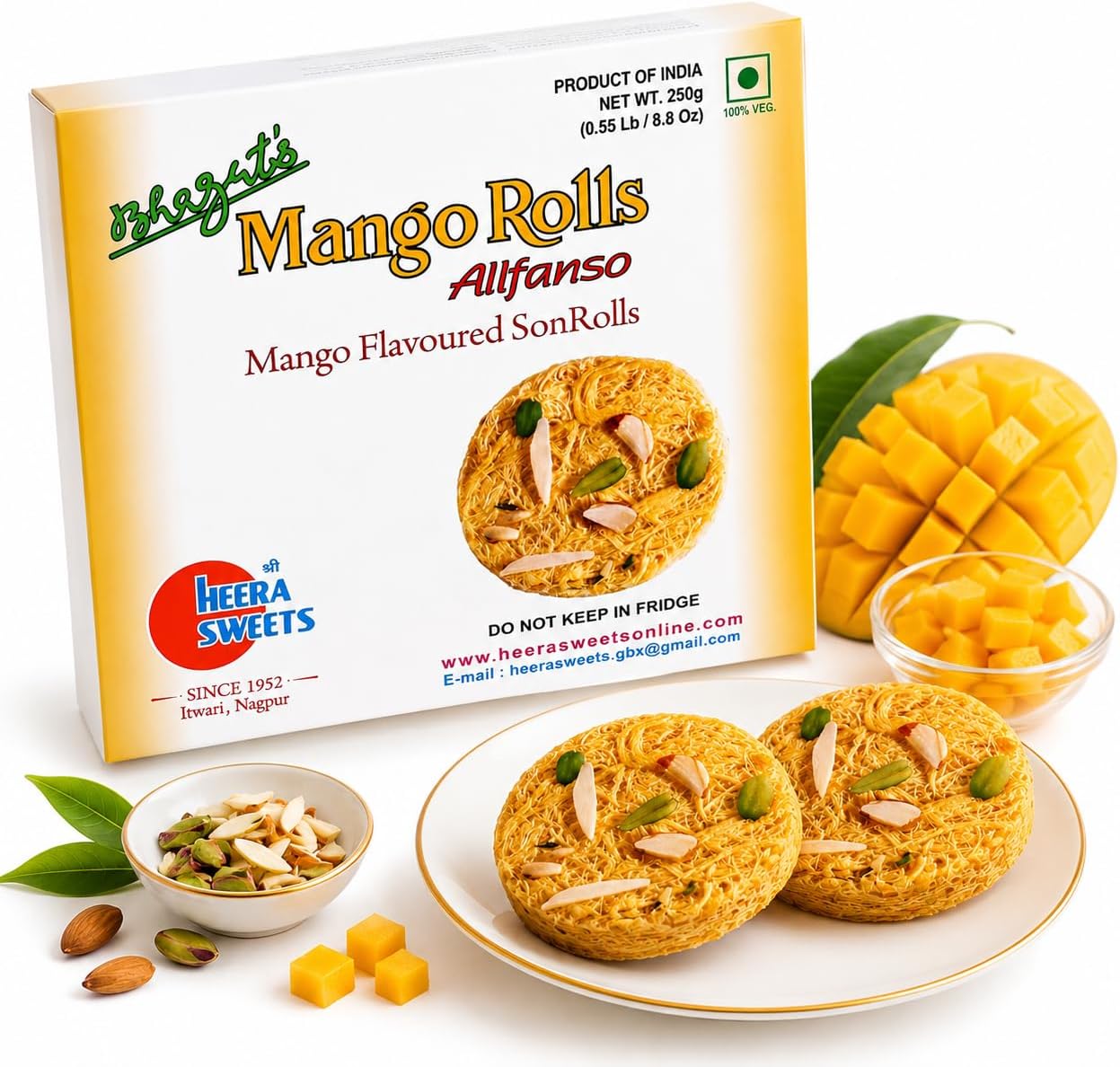 Bhagat's Heera Sweets Mango Son Roll 250g | Almond & Pistachio Garnish
