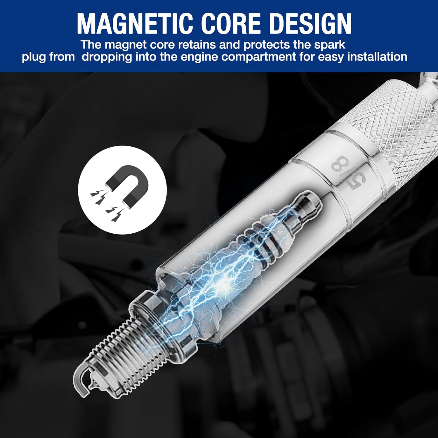 WORKPRO 7 PCS Magnetic Swivel Spark Plug Socket Set, Includes 9/16-inch, 5/8-inch, 13/16-inch, 14MM Thin Wall Sockets with 4, 6, 11-inch Extensions, 3/8" Drive with 12 Points, Magnetic Core