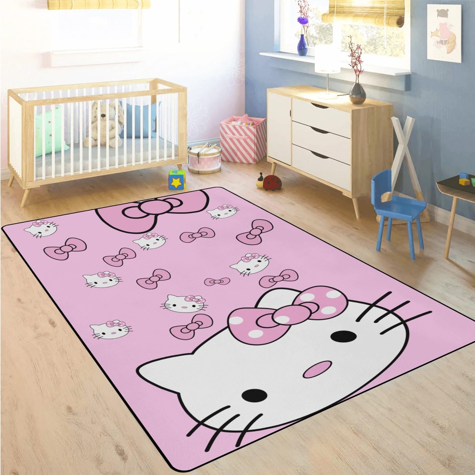 Kawaii Cat Area Rug Pink Bow Round-Faced Cat Carpet Modern Aesthetic Cartoon Rug Cartoon Character Floor Mat for Children's Room Playroom Living Room