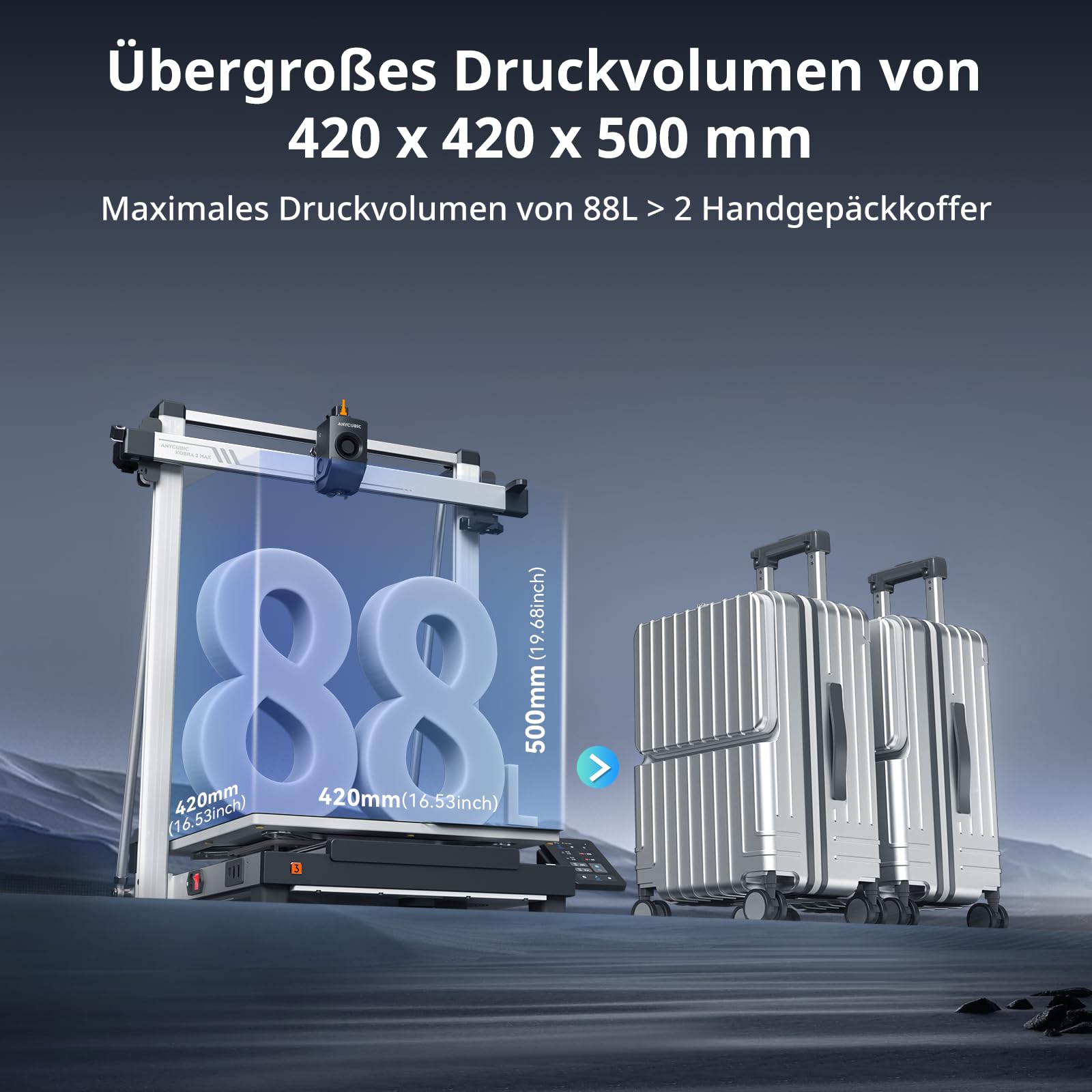 Anycubic Kobra 3 Max 3D-Drucker mit 0,4mm Düse, 420x420x500 mm 600 mm/s Schnelles Drucken, Vollautomatische Kalibrierung, AI Intelligentes Drucken, Optionaler Mehrfarbendruck