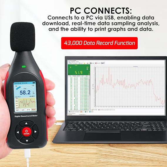 Decibel Meter Sound Level Tester Datalogger with Visual Alarm, 43,000 Data Record SPL Monitor Noise Reader Colored Screen Display PC Connection for Home, Factory, Classroom etc