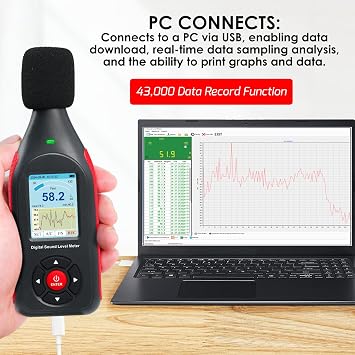 Decibel Meter Sound Level Tester Datalogger with Visual Alarm, 43,000 Data Record SPL Monitor Noise Reader Colored Screen Display PC Connection for Home, Factory, Classroom etc