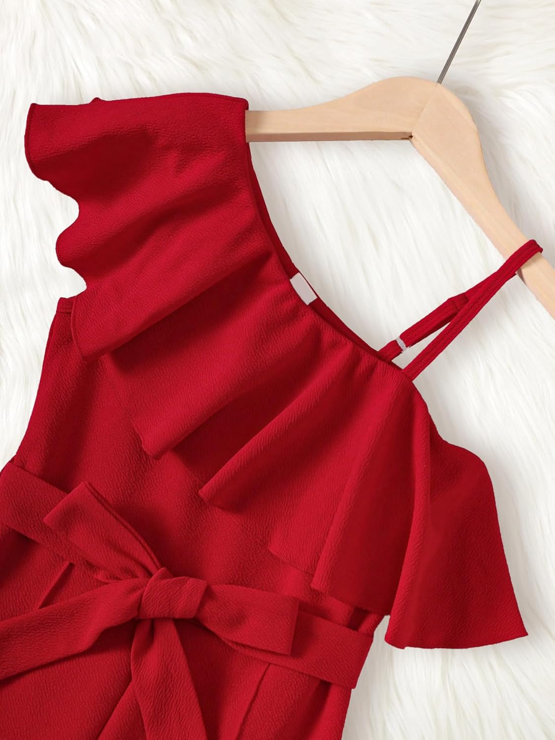 Girls Jumpsuits Girl's Ruffle Trim Asymmetrical Neck Rompers Belted High Waist Wide Leg Summer Jumpsuit Pants for 7-14Y - Image 5