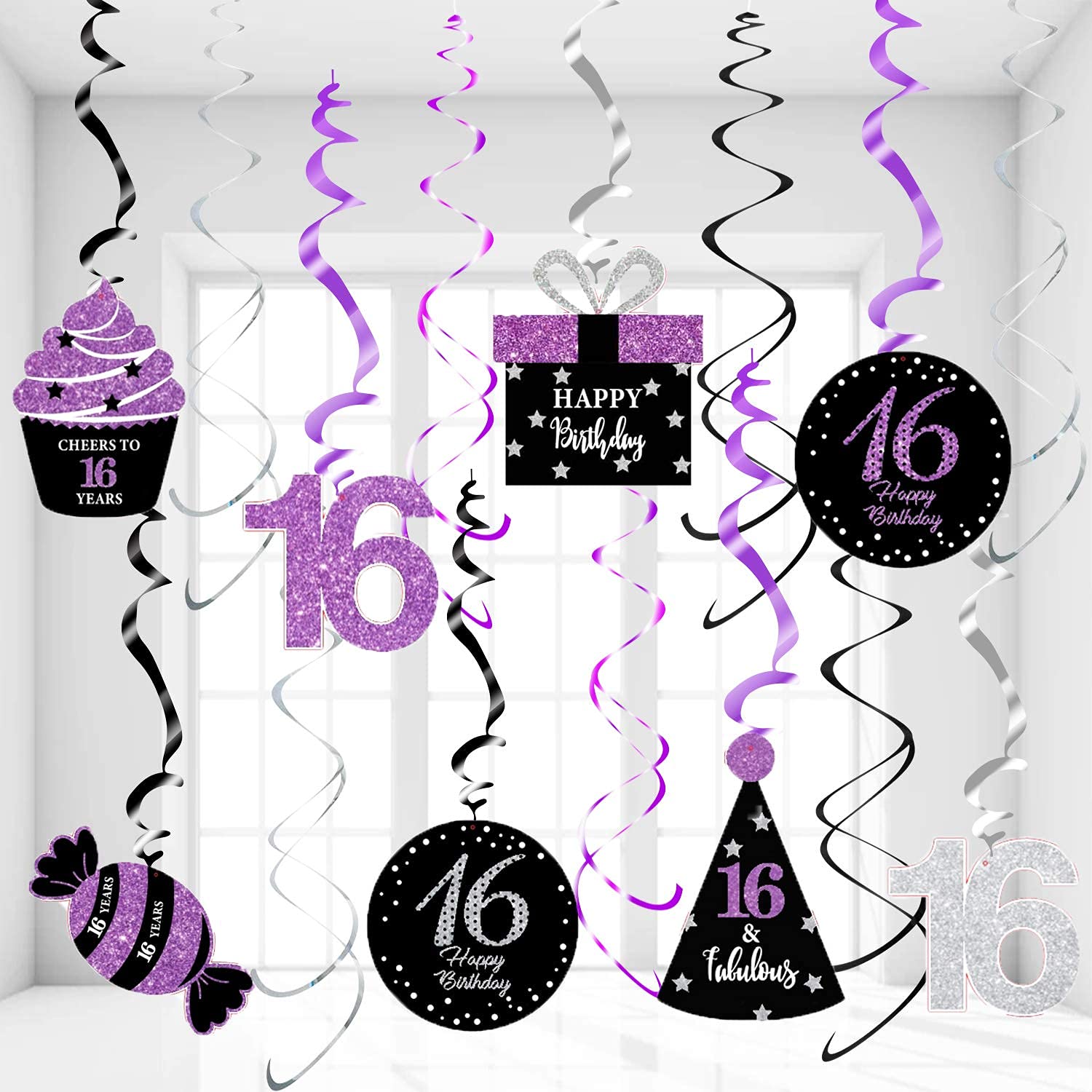 Sweet 16 Birthday Decorations Purple Silver Black for Women/Girl 16th Birthday Party Decorations Purple Silver Black Foil Hanging Swirls Decorations