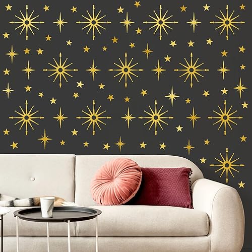 Miniatura 8 de Calcomanías de pared con estrella dorada, diseño retro de explosión de estrellas, calcomanías para dormitorio, sala de estar, decoración de techo,