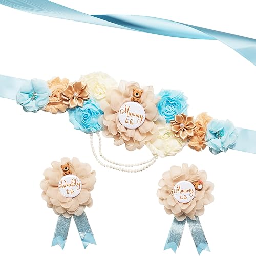 Rosavida Juego de banda de maternidad de oso de peluche para mamá y papá, ramillete, flores, suministros de recuerdo de baby shower, decoraciones de