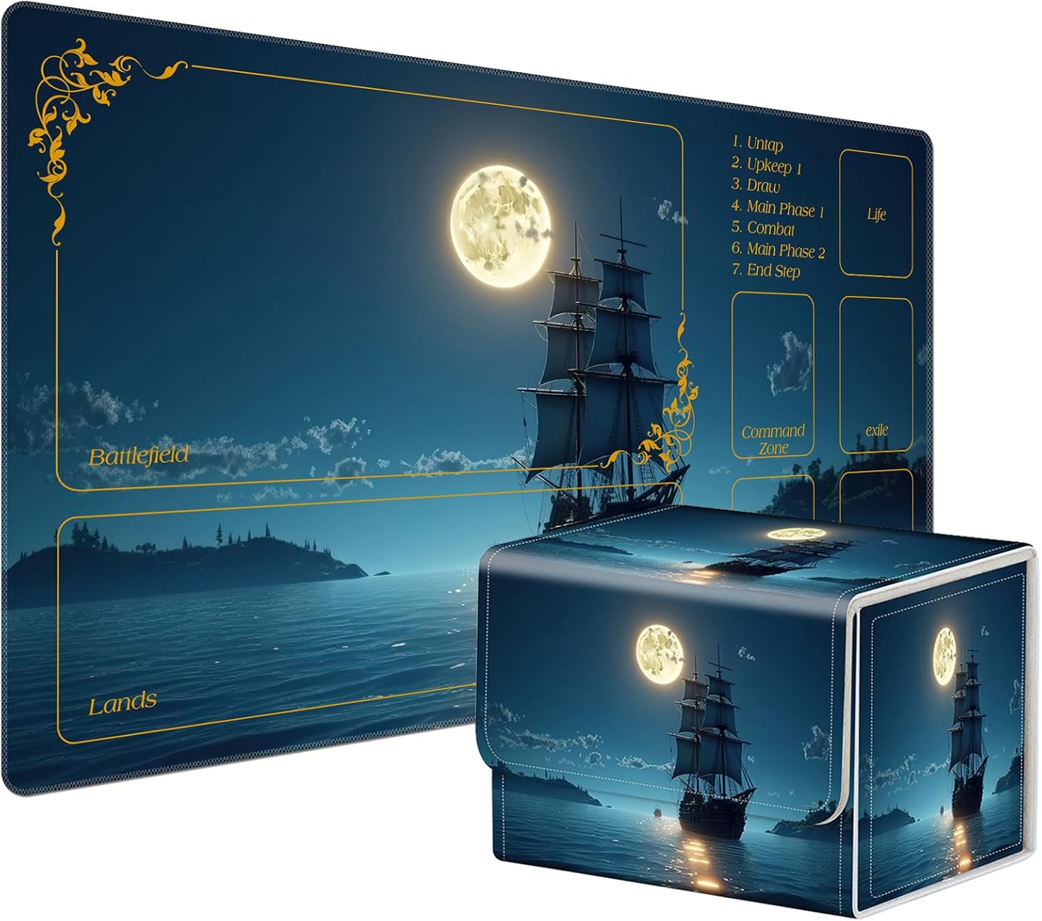 for MTG Playmat with Card Game Storage Box, Creative Pattern for MTG Card Box for TCG Playmat for Trading Card Game, Moon Ship Blue Sea