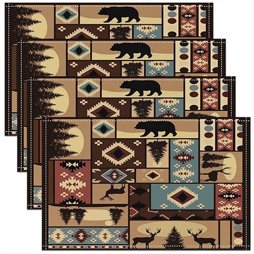 jejeloiu Wildlife - Juego de 4 manteles individuales vintage con estampado de oso y ciervo, 12 x 18 pulgadas para decoración de mesa de comedor,