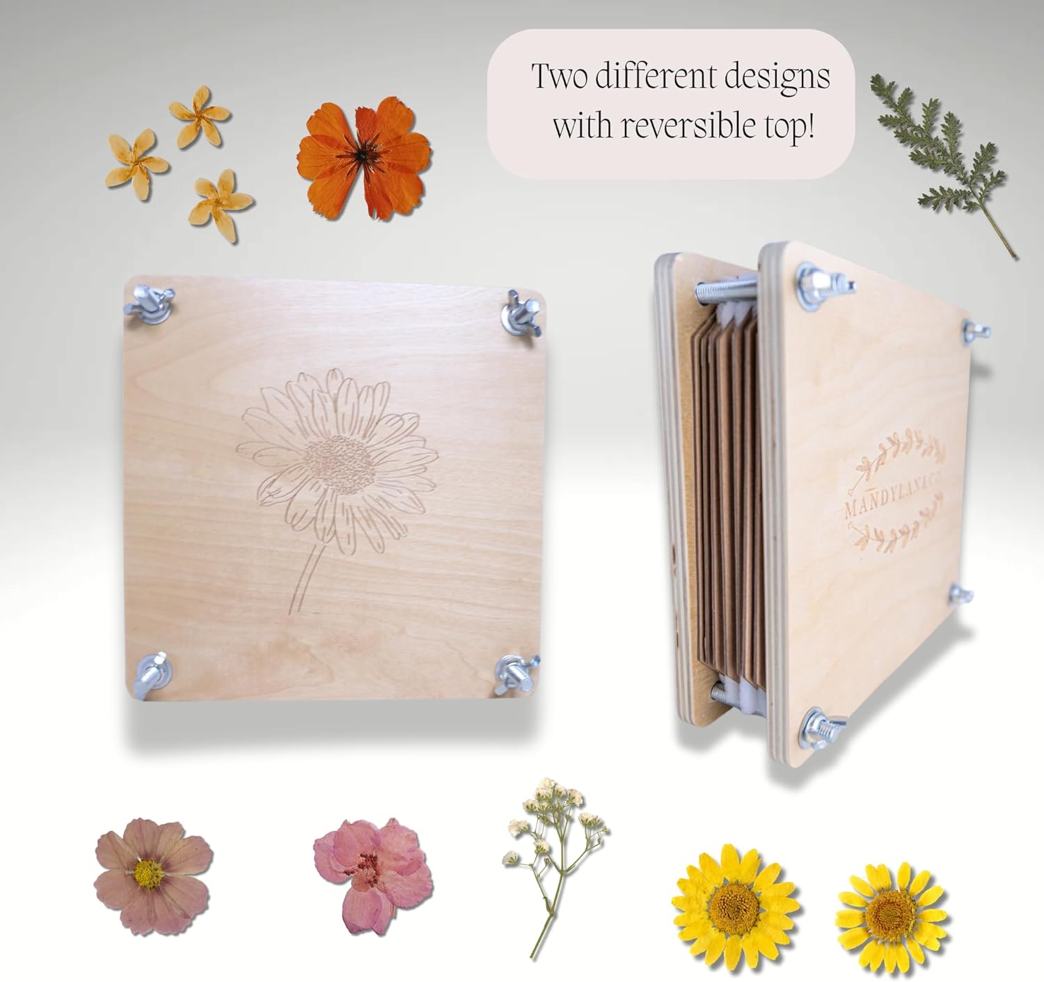 Mandylan & Co. LLC Flower Press w/Reversible Top - 8 Layered Wooden Flower Preservation for Dried Flowers w/Canvas Bag, Flower Pressing Kit for Adults and Kids,