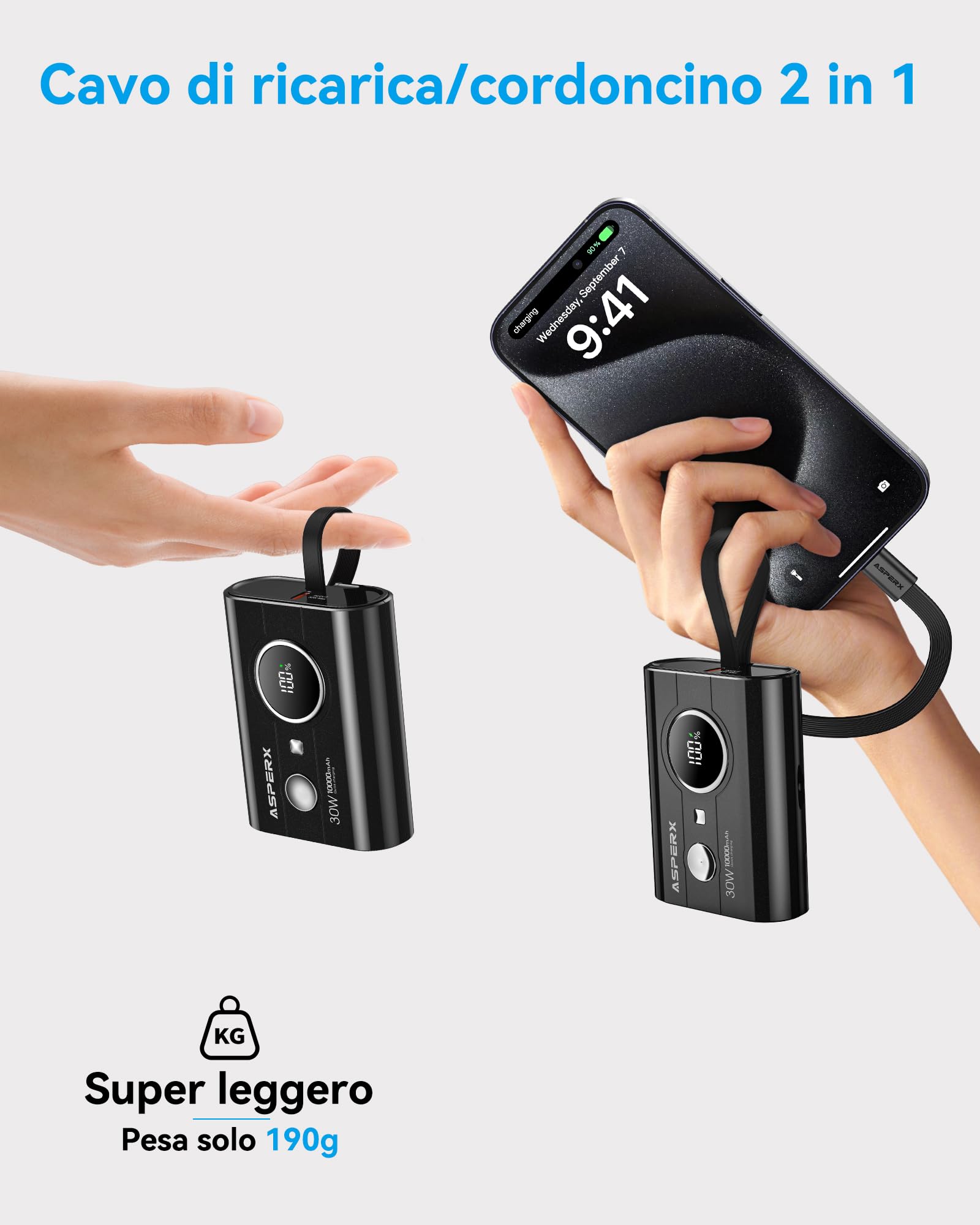 AsperX Power Bank, 10000mAh 30W Caricatore Portatile Ricarica Rapida, Powerbank con cavo USB-C integrato, 2 porte USB-C, 1 porta USB-A, compatibile con 15/14, Galaxy, iPad, AirPods, Nero